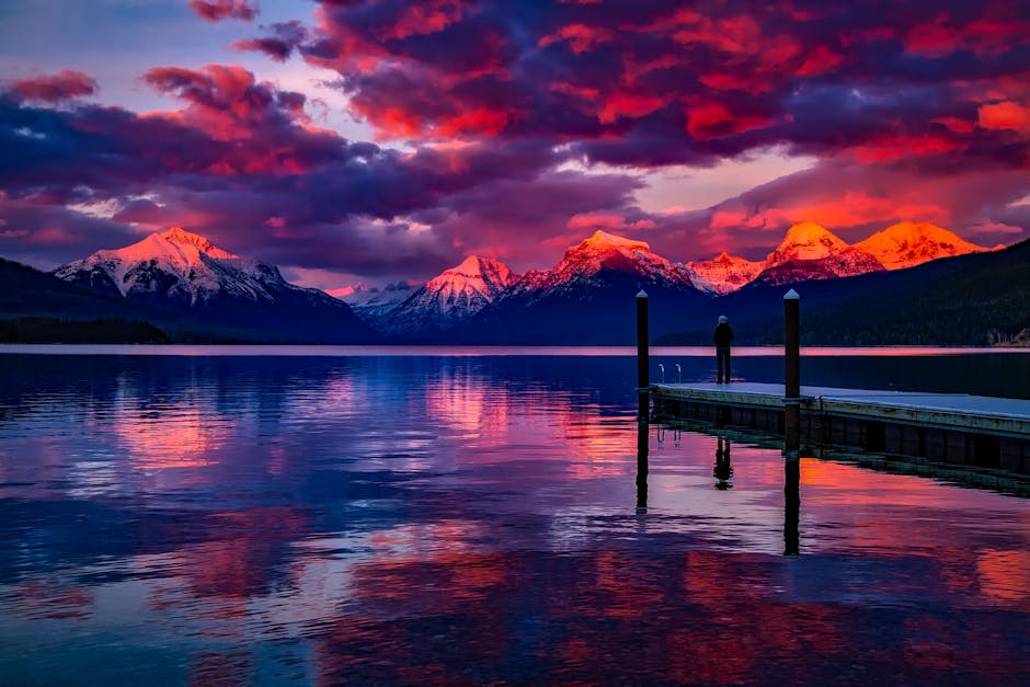 Stunning sunset over a serene lake with mountains